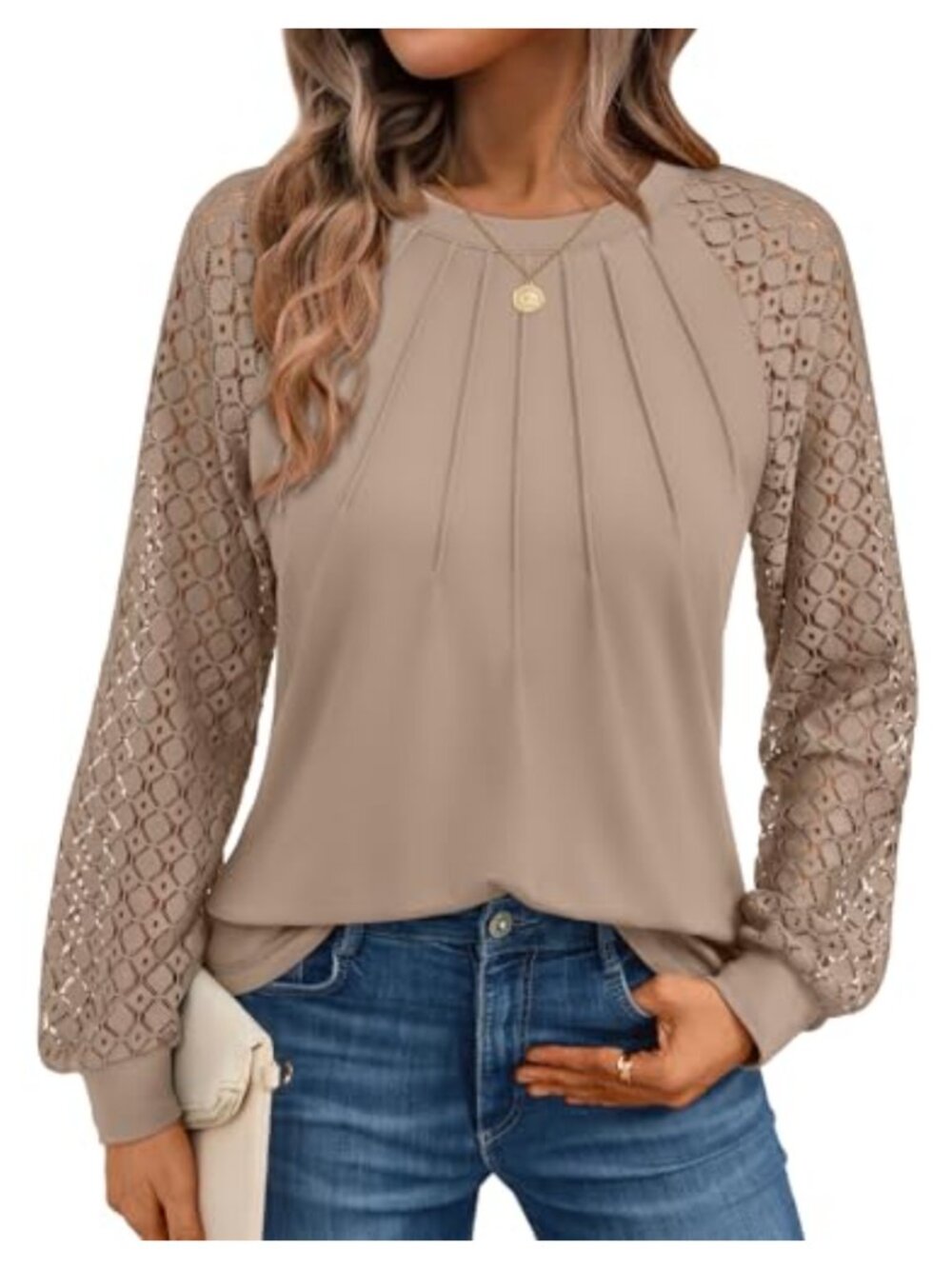 Womens Lace Long Sleeve Blouse Casual Raglan Pin-Tuck Top